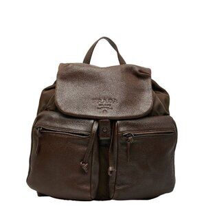 Prada Logo Backpack Rucksack Brown Leather Nylon